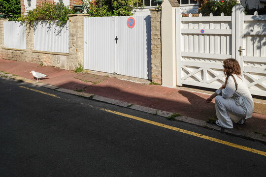 Woman Sitting on Street Near White Gate