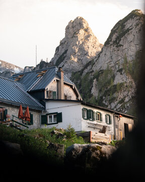 Alpine Hut with Mountain Peak in the Austrian Alps