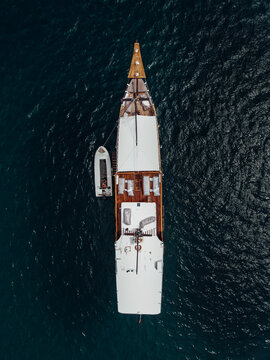 Overhead Drone View of Wooden Yacht