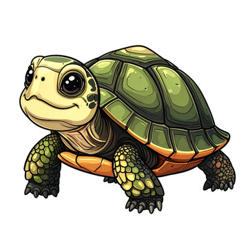 A cute cartoon tortoise with a happy expression and big eyes, sitting on a plain background
