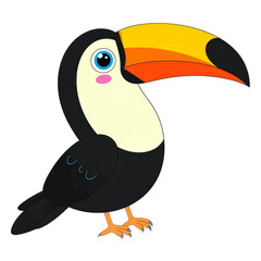 Fototapeta premium A cute toucan cartoon with a large yellow beak. The bird has black feathers, a white chest, and big blue eyes