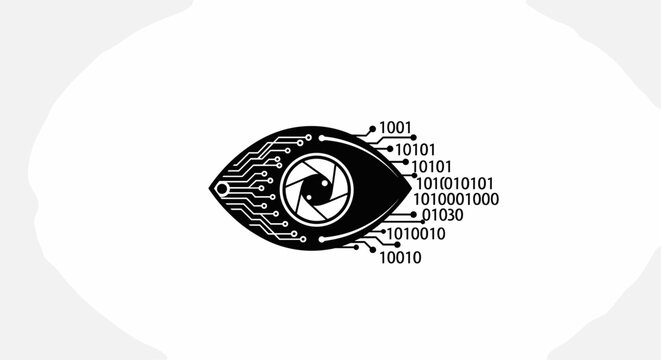 Digital eye with binary code details.