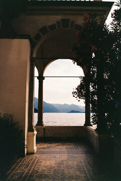 Film Photo &ndash; Arched Loggia with Lake and Mountain View, Lake Como