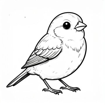 A charming black and white sketch of a small, plump bird with large, expressive eyes and a delicate beak, its wings slightly ajar