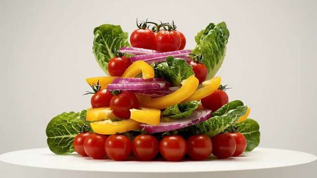 Fresh Garden Salad Tower With Tomatoes Lettuce Onions Yellow Pepper