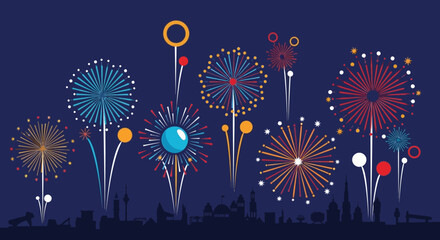 Colorful Fireworks Display Over City Skyline at Night © hapy