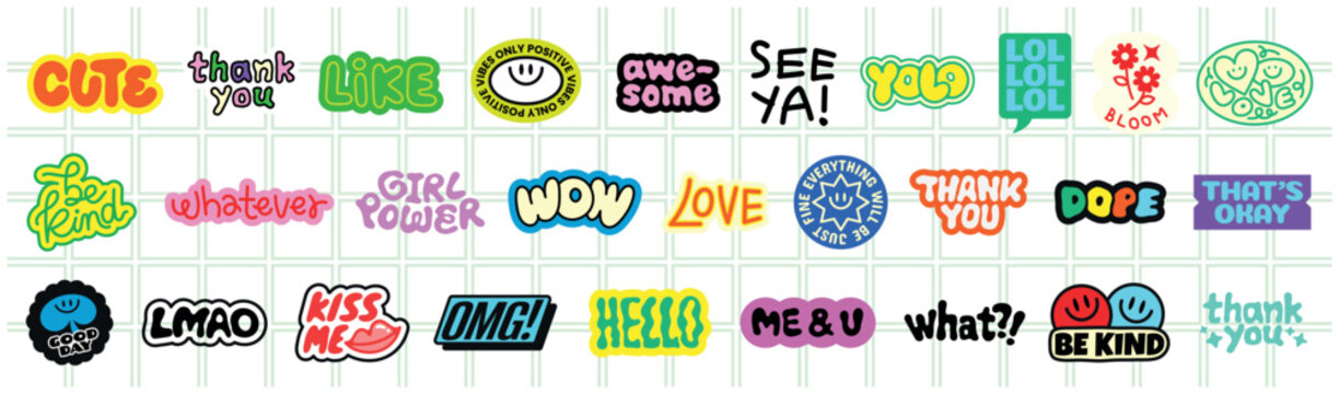Colorful vector stickers with playful phrases in various fonts and styles.