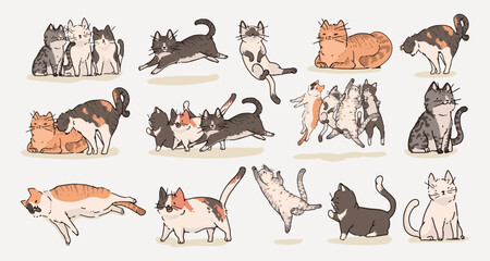 Vector illustration of various playful cats in different poses and colors. © Rawpixel.com