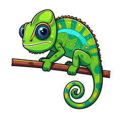 Fototapeta premium A cartoon chameleon with big blue eyes and green skin is perched on a branch, its tail curled. The chameleon has yellow spots and a blue stripe along its back.