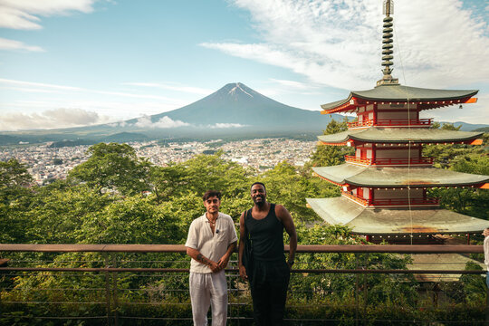 Japanese landscape with smiling tourists
