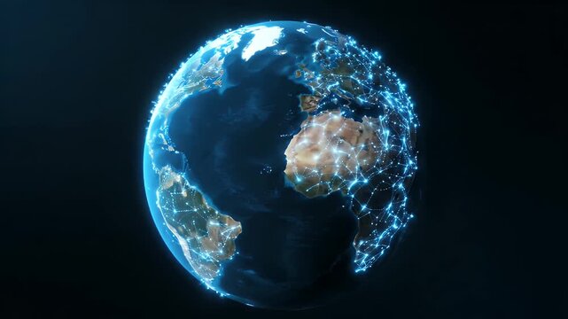 Glowing Earth at Night with Digital Connections Across Continents