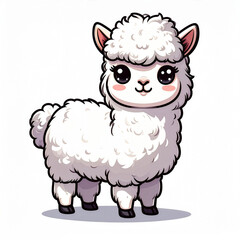 Naklejka premium A cute, fluffy cartoon alpaca with big, expressive eyes and a sweet smile, standing on a simple light grey ground