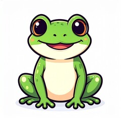 Obraz premium A cute, cartoon-style green frog sitting on a white background, with big, dark eyes and a wide, smiling mouth