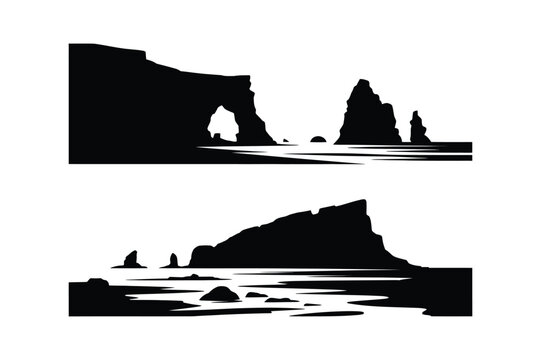Black and white vector silhouette of rocky coastal cliffs and sea stacks