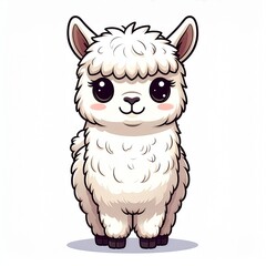 Fototapeta premium An adorable fluffy alpaca with large, sparkling eyes, standing on its hind legs. The alpaca is white with pink cheeks and a gentle smile, rendered in a charming cartoon style
