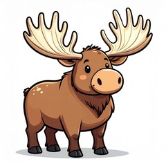 Naklejka premium A cute, cartoon-style moose with large, distinctive antlers stands on a simple white background, showcasing its charming and friendly appearance