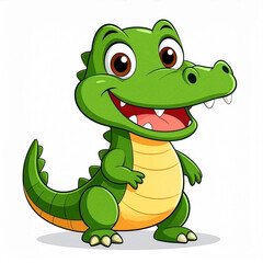 Fototapeta premium A cartoon alligator with a big smile and wide eyes, standing on its hind legs, with green scales and a yellow belly