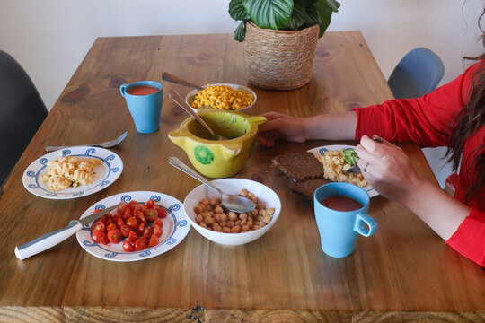 Breakfast Spread on Wooden Table