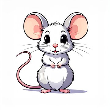 A cute, cartoon white mouse with big eyes and ears, standing on its hind legs with a friendly smile