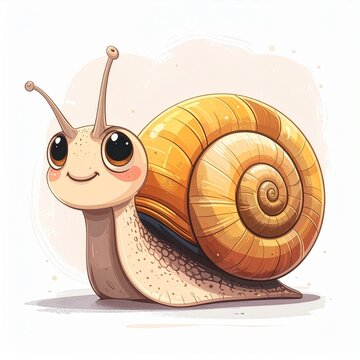 A cute cartoon snail with big eyes and a happy smile, showcasing its spiral shell