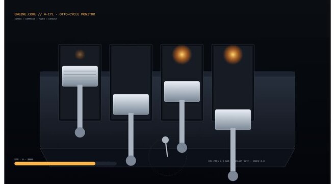 4-cylinder engine combustion cycle hud animation loop animation