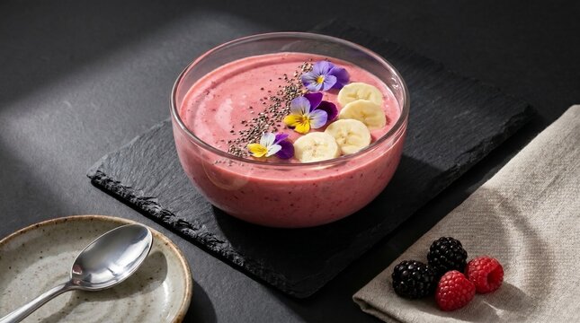 Batido de superalimentos con frutos rojos y decoración floral