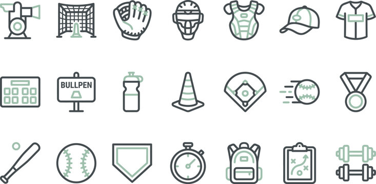 Professional vector illustration set featuring various baseball equipment items with clean lines and green accents