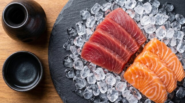 Sashimi fresco de at&uacute;n y salm&oacute;n sobre hielo