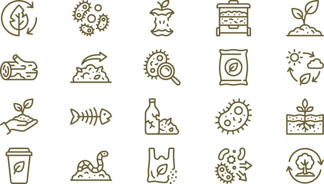 Modern vector illustration set featuring various green icons related to organic composting and environmental sustainability