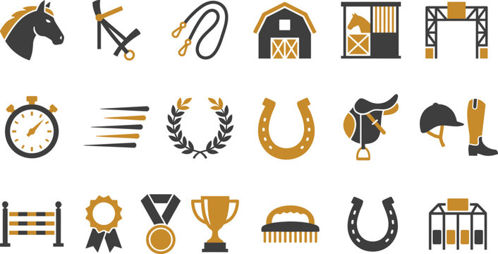 Detailed vector illustration set featuring equestrian equipment and horse racing icons in gold and grey colors