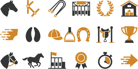 Detailed vector illustration set featuring various equestrian icons including horses, trophies, equipment, and race elements © Septarim