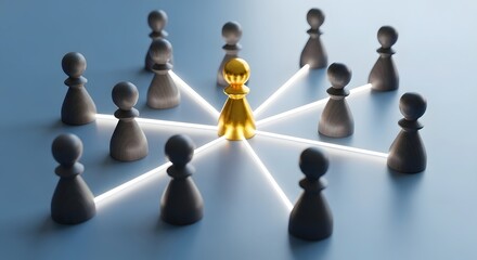 Obraz premium Gold pawn connected to dark pawns by glowing lines