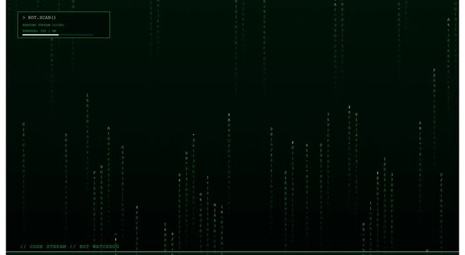 Digital matrix code stream with scanning hud interface animation