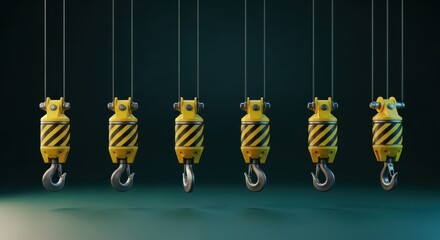 Naklejka premium Industrial Crane Hooks Hanging in a Row with Yellow and Black Stripes