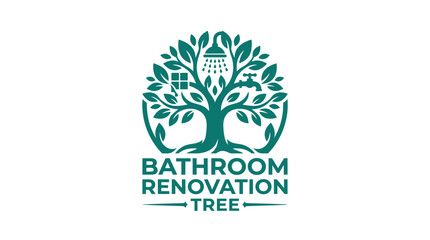 Fototapeta premium Bathroom renovation tree logo concept with shower faucet and window elements