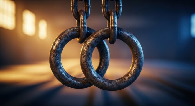 Close-up of two rusty metal gymnastic rings hanging from chains in a dimly lit gym