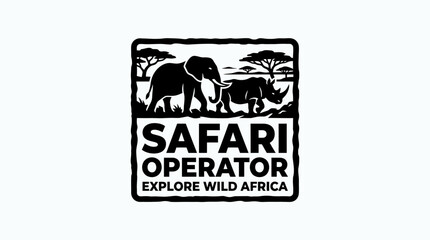 Safari Operator Logo with Elephant and Rhino Silhouette, Explore Wild Africa Graphic Element © atha_lintar