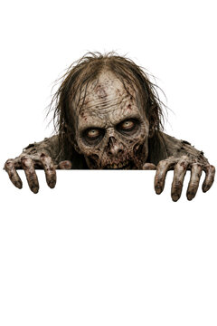 A gruesome zombie peeking over a white background with a creepy gaze.
