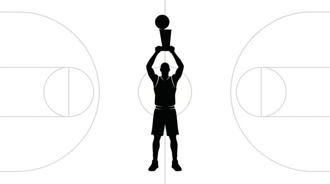 Silhouette of a basketball player holding a championship trophy