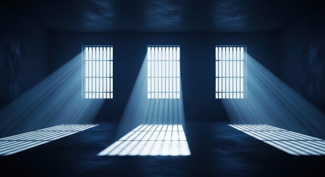 Dimly lit empty prison cell with barred windows