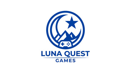 Vector logo for Luna Quest Games featuring a crescent moon, star, mountains, and gamepad. © atha_lintar