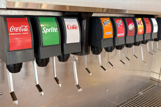 A fountain soda machine featuring Coca-Cola products such as Diet Coke, Coke, Coke Zero, Sprite, Fanta and more at fast food restaurant McDonald's in Stamford, Connecticut on June 1, 2026.