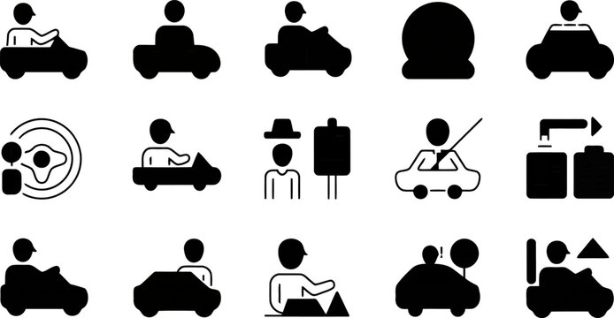 Driving School Car Sharing and Road Safety Outline Vector Icons.eps