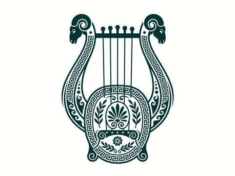 Ancient Greek Lyre Harp with Ram Heads and Meander Pattern Illustration