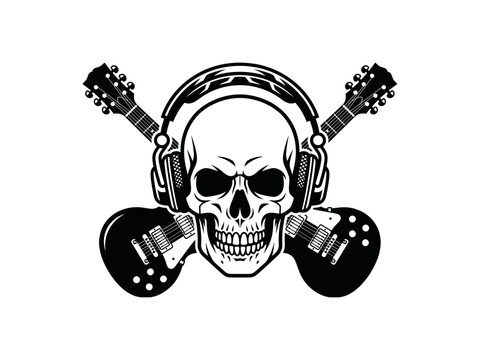 Skull Wearing Headphones with Crossed Electric Guitars Vector Illustration