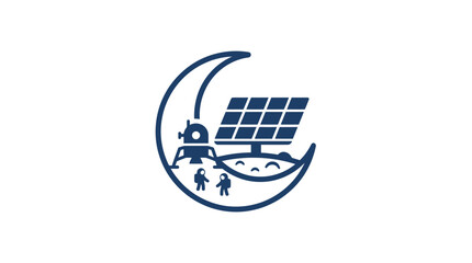 Vector illustration of lunar exploration with astronauts, lander, and solar panel inside a crescent moon. © atha_lintar