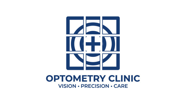 Optometry clinic logo with eye chart and cross symbol, vector illustration