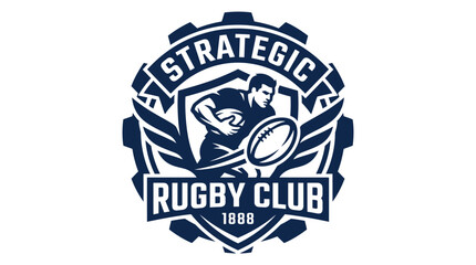 Fototapeta premium Rugby club emblem with player holding ball and gear elements, vector illustration