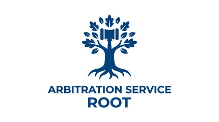 Legal concept logo: gavel as tree trunk, oak leaves, root system, text below © atha_lintar