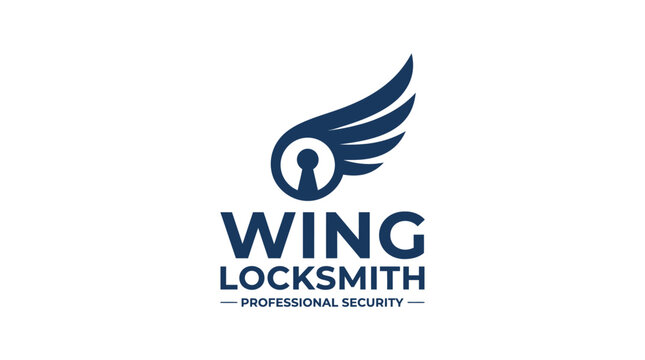Wing Locksmith logo with keyhole and wing graphic element on white background